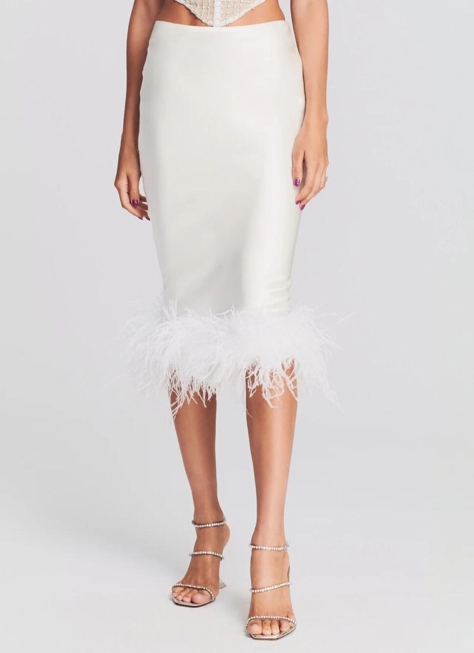 Retrofete Paula White Satin Midi Skirt Ostrich Feather Trim Ivory Bridal Size L